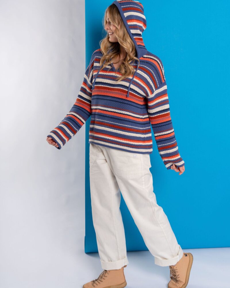 auxra Women's Blue Hooded Crochet Knit Sweater - Stylish & Comfortable - Image 4