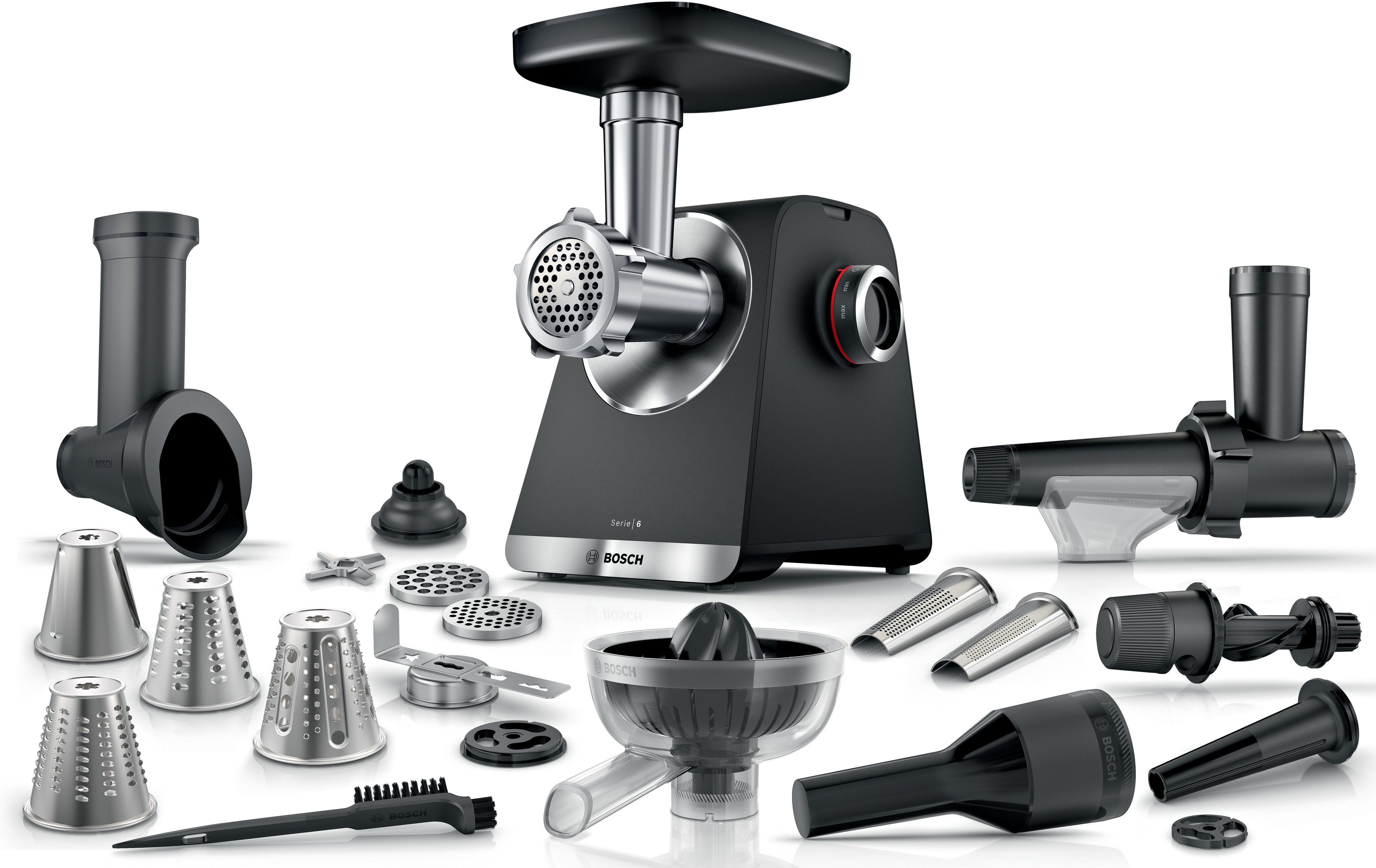 BOSCH Fleischwolf Serie 6 MFWS682B, 3,5kg/Min., Zitruspresse, Raspel, Wurststopfer