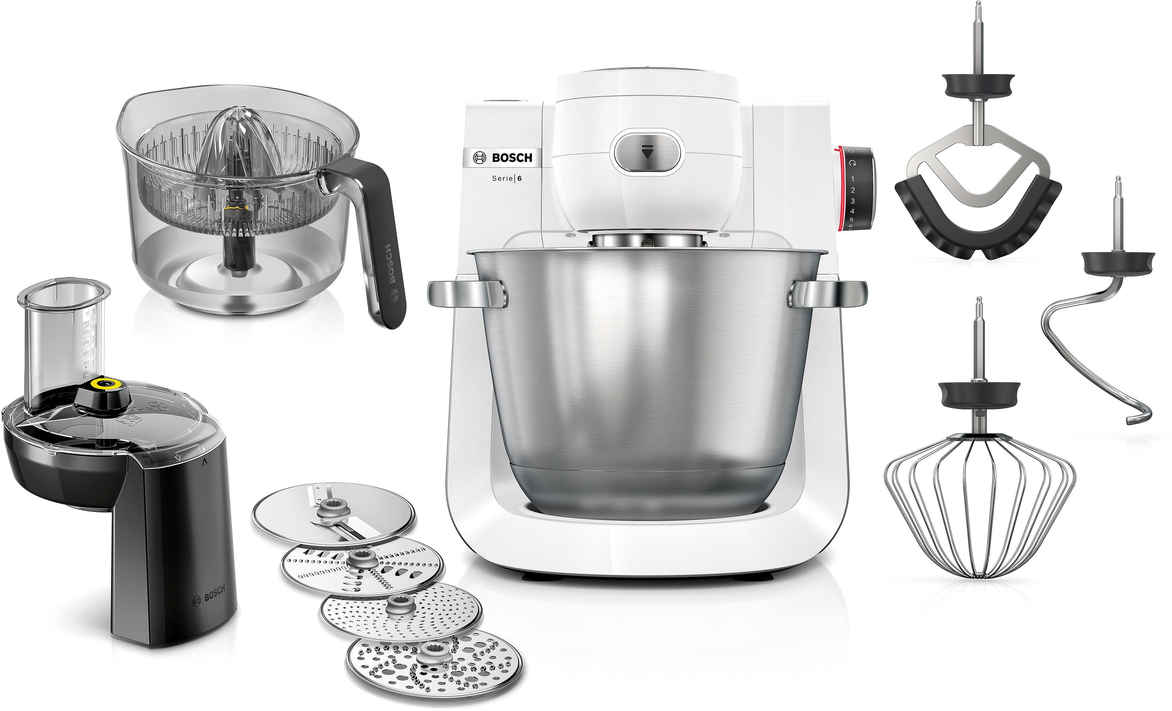 BOSCH Küchenmaschine Serie 6 MUMS6EW24D, Durchlaufschnitzler, Edelstahlschüssel, weiß