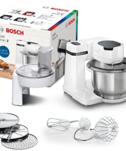 BOSCH Küchenmaschine Serie 2 MUMS2EW01, Edelstahlschüssel, Durchlaufschnitzler, Deckel