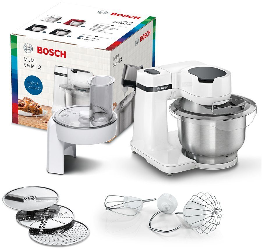 BOSCH Küchenmaschine Serie 2 MUMS2EW01, Edelstahlschüssel, Durchlaufschnitzler, Deckel