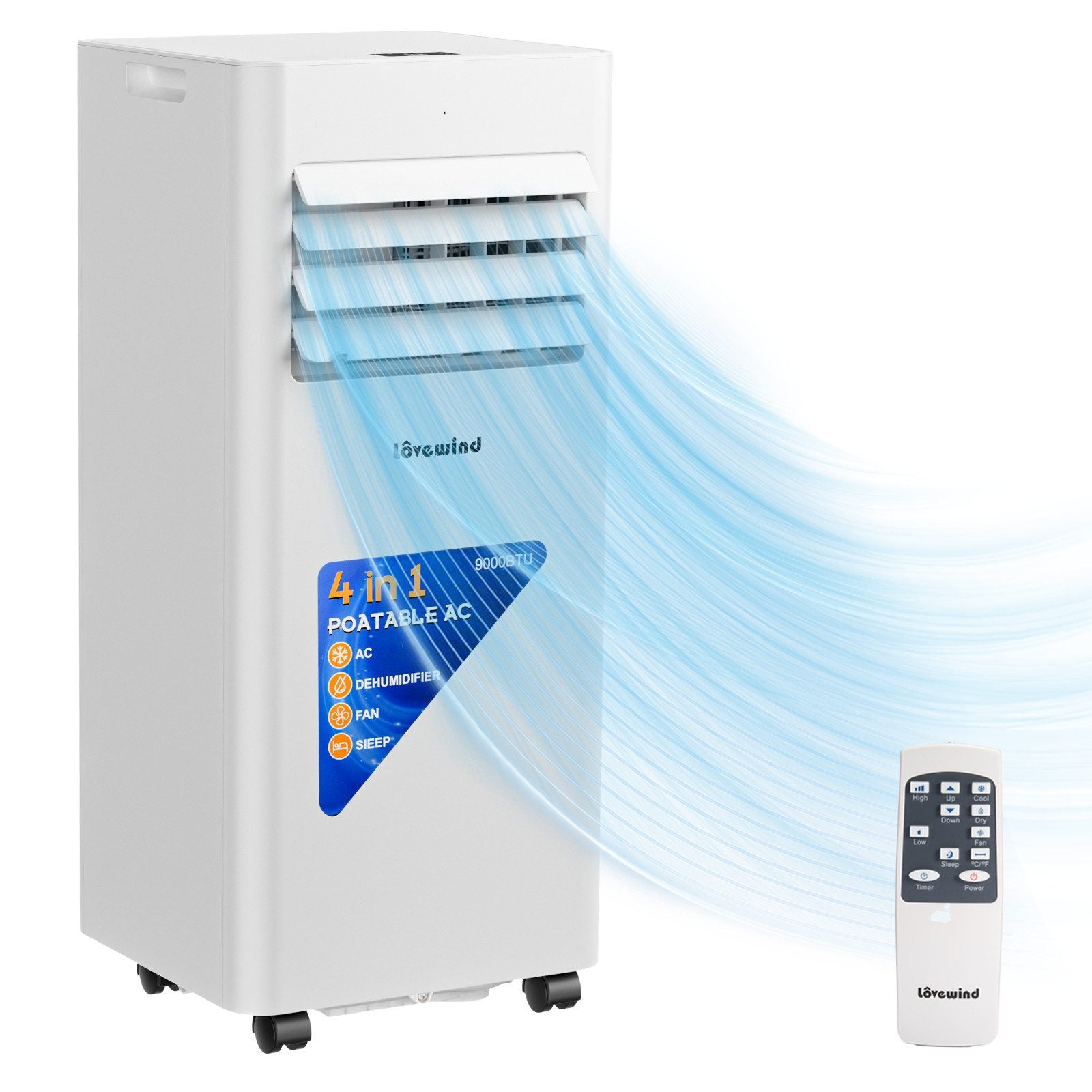 LOVEWIND 4-in-1-Klimagerät für Innenräume, Mobile Klimaanlage mit Fernbedienung, 9000 BTU