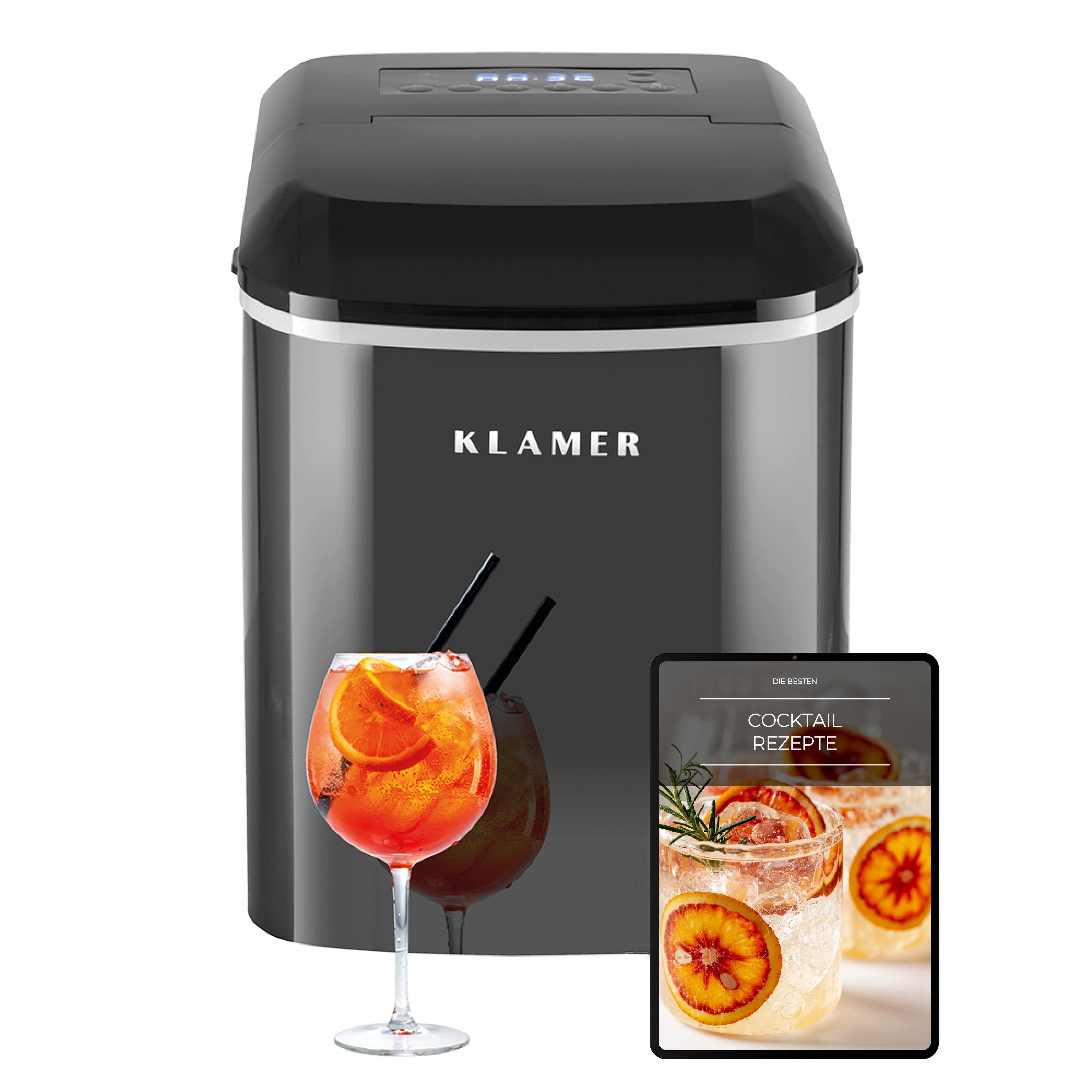 KLAMER Eiswürfelmaschine 10 Eiswürfel in 7-9 Minuten, 15 kg Eiswürfel pro Tag, 2 Eiswürfelgröß…