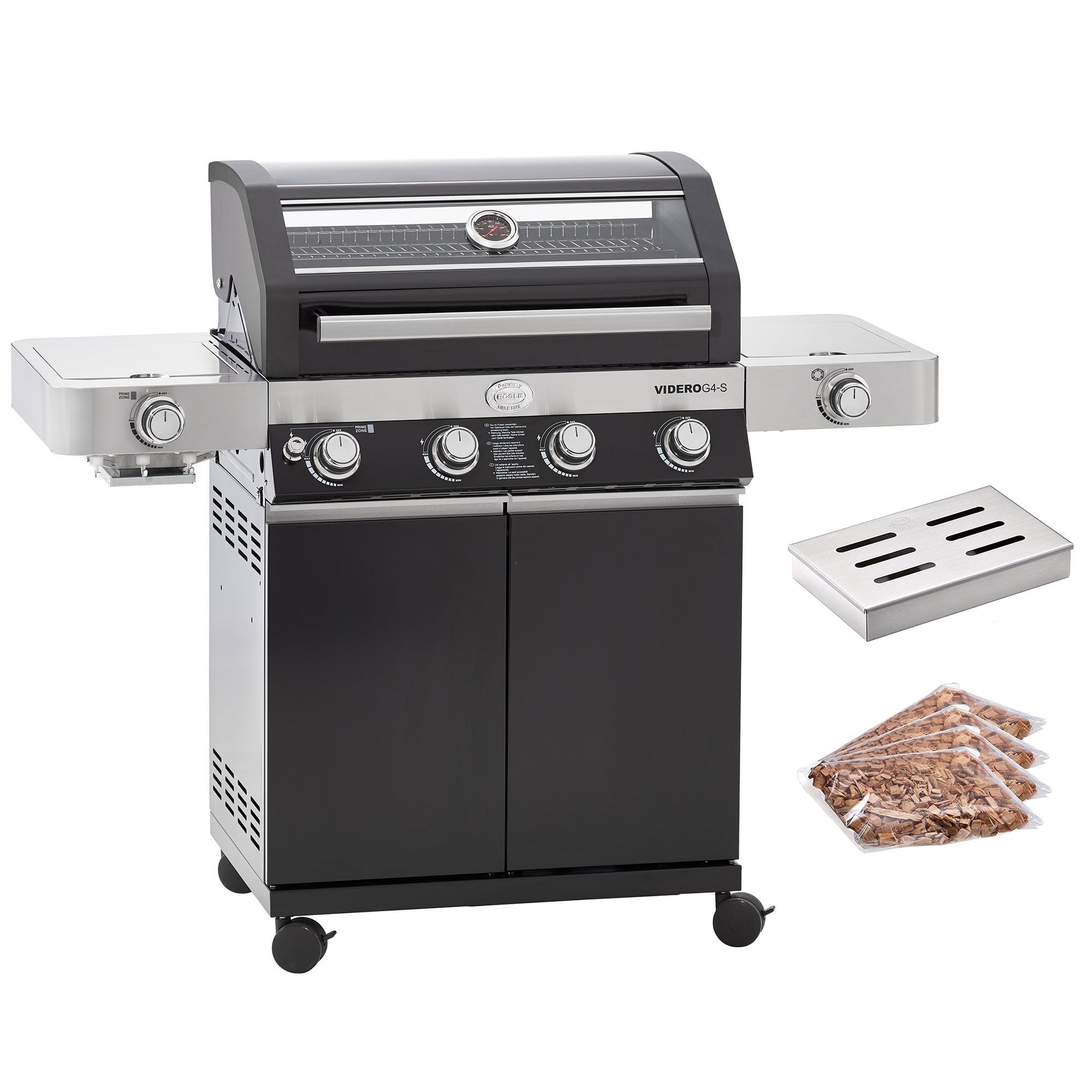 RÖSLE Gasgrill RÖSLE BBQ Gasgrill Videro G4-S Vario+ schwarz mit Räucherset