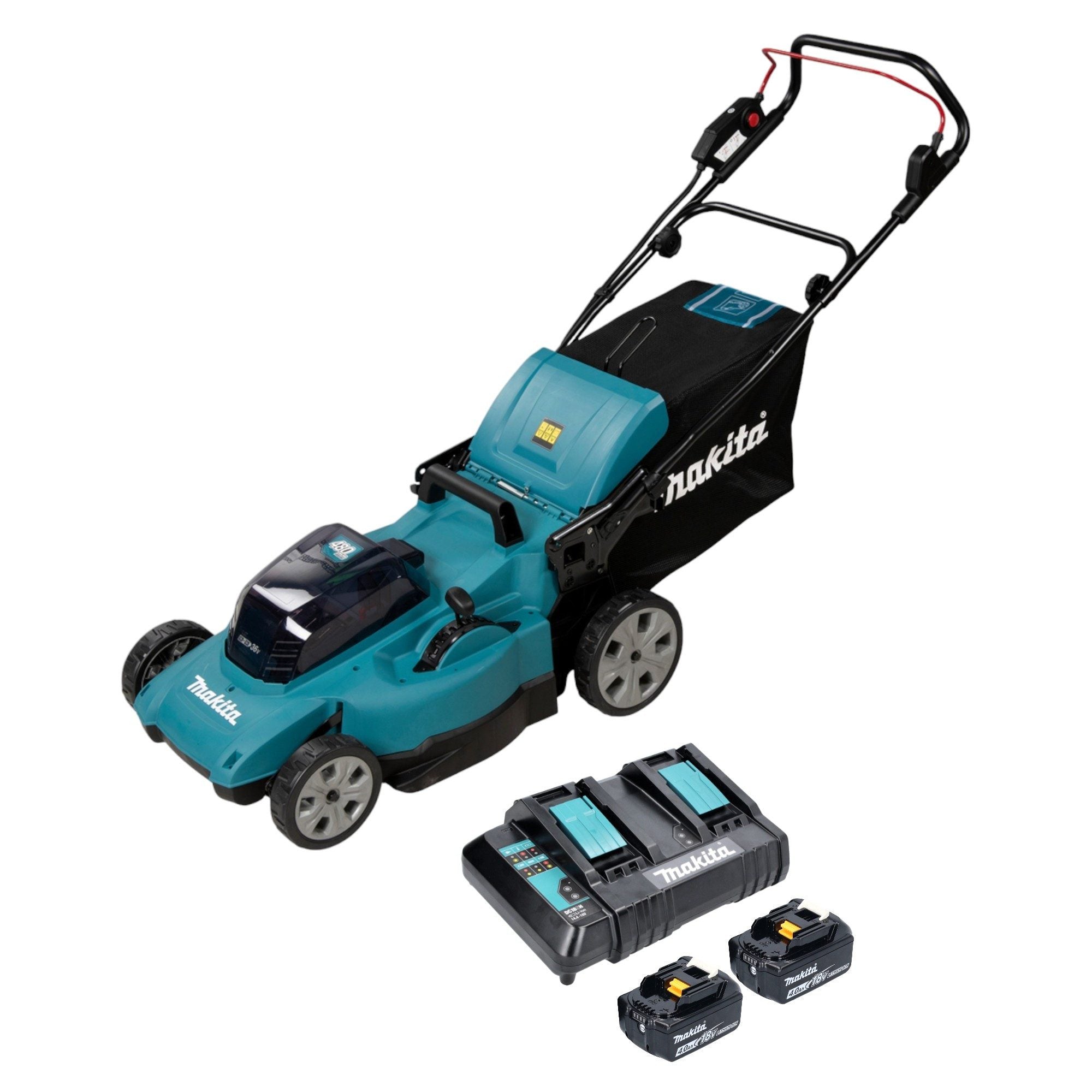 MAKITA Akkurasenmäher DLM 480 CM2 36 V (2x 18 V) 48 cm 62 l + 2x Akku 4,0 Ah + Ladegerät