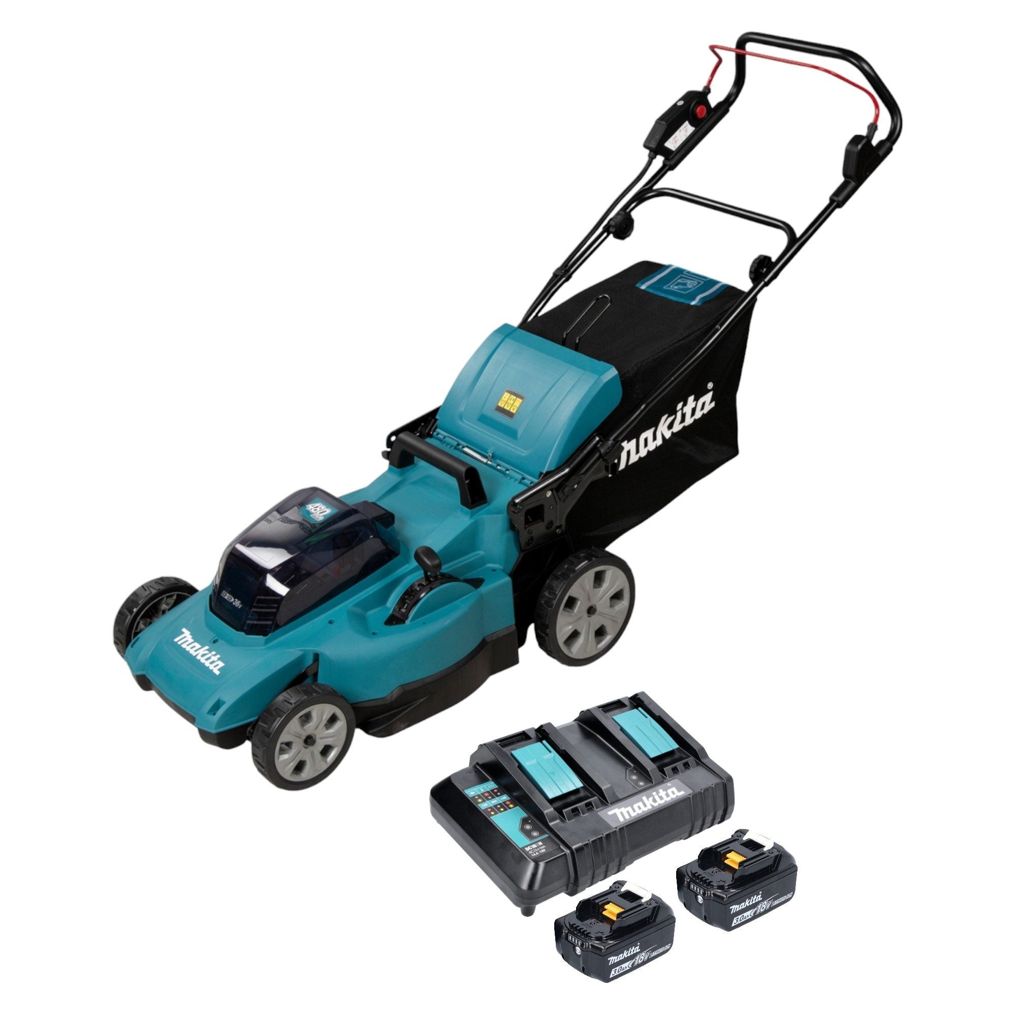 MAKITA Akkurasenmäher DLM 480 CF2 36 V (2x 18 V) 48 cm 62 l + 2x Akku 3,0 Ah + Ladegerät